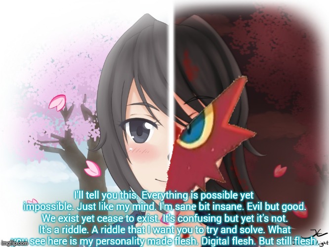 Yandere Blaziken | I'll tell you this. Everything is possible yet impossible. Just like my mind. I'm sane bit insane. Evil but good. We exist yet cease to exis | image tagged in yandere blaziken | made w/ Imgflip meme maker