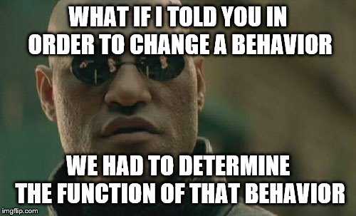 Matrix Morpheus Meme | WHAT IF I TOLD YOU IN ORDER TO CHANGE A BEHAVIOR; WE HAD TO DETERMINE THE FUNCTION OF THAT BEHAVIOR | image tagged in memes,matrix morpheus | made w/ Imgflip meme maker