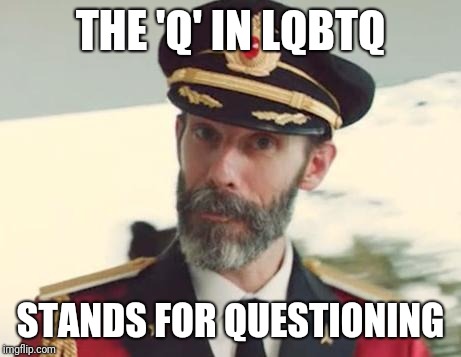 *Imagine a really cool and funny title* | THE 'Q' IN LQBTQ; STANDS FOR QUESTIONING | image tagged in captain obvious,lgbtq,q,unsure | made w/ Imgflip meme maker