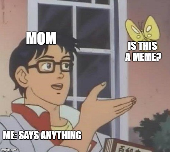 Is This A Pigeon Meme | MOM; IS THIS A MEME? ME: SAYS ANYTHING | image tagged in memes,is this a pigeon | made w/ Imgflip meme maker