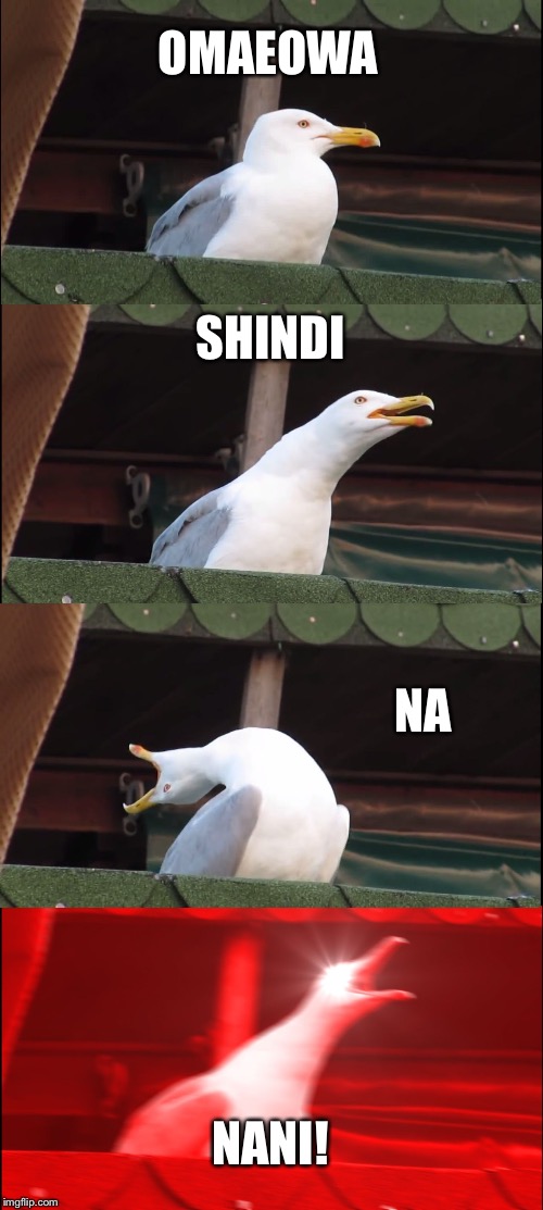 Inhaling Seagull Meme | OMAEOWA; SHINDI; NA; NANI! | image tagged in memes,inhaling seagull | made w/ Imgflip meme maker