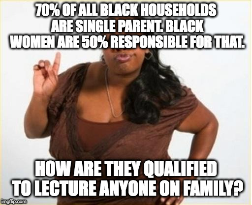 angry black women | 70% OF ALL BLACK HOUSEHOLDS ARE SINGLE PARENT. BLACK WOMEN ARE 50% RESPONSIBLE FOR THAT. HOW ARE THEY QUALIFIED TO LECTURE ANYONE ON FAMILY? | image tagged in angry black women | made w/ Imgflip meme maker