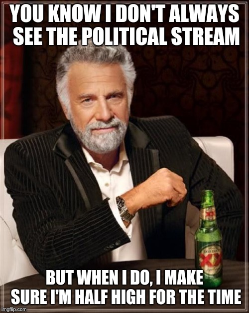 I always use a pack of some special brownies to do the job | YOU KNOW I DON'T ALWAYS SEE THE POLITICAL STREAM; BUT WHEN I DO, I MAKE SURE I'M HALF HIGH FOR THE TIME | image tagged in memes,the most interesting man in the world,politics,meanwhile on imgflip | made w/ Imgflip meme maker