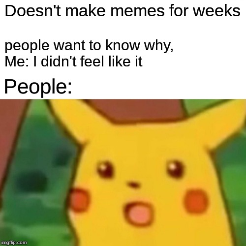 Surprised Pikachu Meme | Doesn't make memes for weeks; people want to know why,                                   
Me: I didn't feel like it; People: | image tagged in memes,surprised pikachu | made w/ Imgflip meme maker