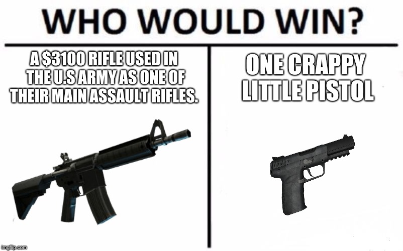 Who Would Win? | A $3100 RIFLE USED IN THE U.S ARMY AS ONE OF THEIR MAIN ASSAULT RIFLES. ONE CRAPPY LITTLE PISTOL | image tagged in memes,who would win | made w/ Imgflip meme maker