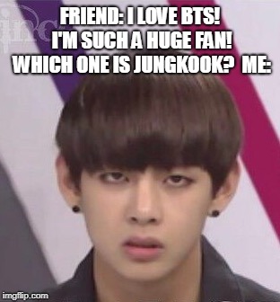 BTS V | FRIEND: I LOVE BTS! I'M SUCH A HUGE FAN! WHICH ONE IS JUNGKOOK? 
ME: | image tagged in bts v | made w/ Imgflip meme maker