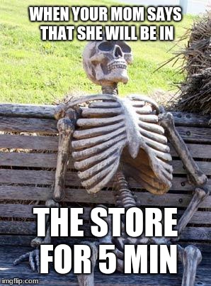 Waiting Skeleton Meme | WHEN YOUR MOM SAYS THAT SHE WILL BE IN; THE STORE FOR 5 MIN | image tagged in memes,waiting skeleton | made w/ Imgflip meme maker