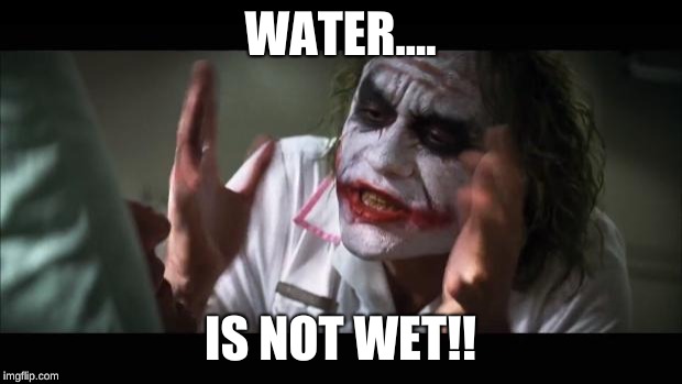 And everybody loses their minds Meme | WATER.... IS NOT WET!! | image tagged in memes,and everybody loses their minds | made w/ Imgflip meme maker
