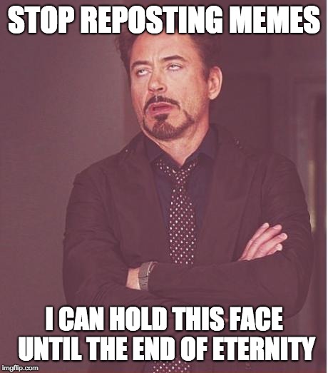 Face You Make Robert Downey Jr | STOP REPOSTING MEMES; I CAN HOLD THIS FACE UNTIL THE END OF ETERNITY | image tagged in memes,face you make robert downey jr | made w/ Imgflip meme maker