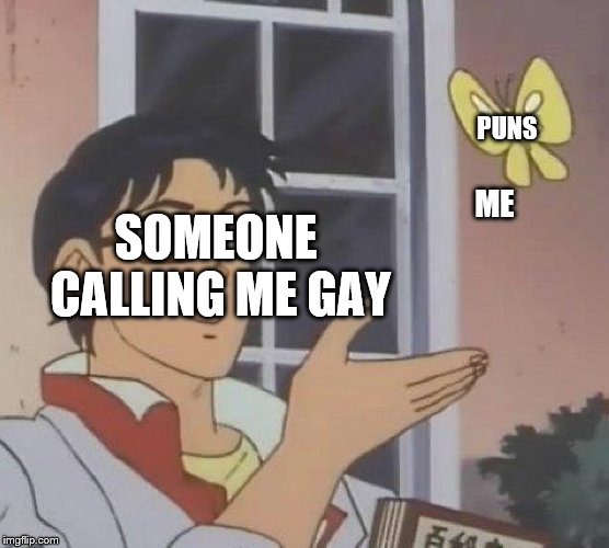 Is This A Pigeon Meme | PUNS ME SOMEONE CALLING ME GAY | image tagged in memes,is this a pigeon | made w/ Imgflip meme maker