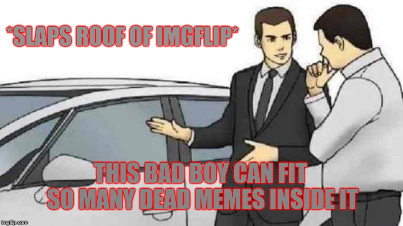 Car Salesman Slaps Roof Of Car Meme | *SLAPS ROOF OF IMGFLIP*; THIS BAD BOY CAN FIT SO MANY DEAD MEMES INSIDE IT | image tagged in memes,car salesman slaps roof of car | made w/ Imgflip meme maker