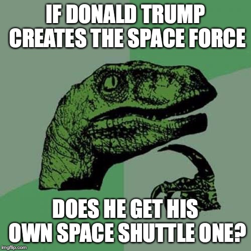 Philosoraptor Meme | IF DONALD TRUMP CREATES THE SPACE FORCE; DOES HE GET HIS OWN SPACE SHUTTLE ONE? | image tagged in memes,philosoraptor | made w/ Imgflip meme maker