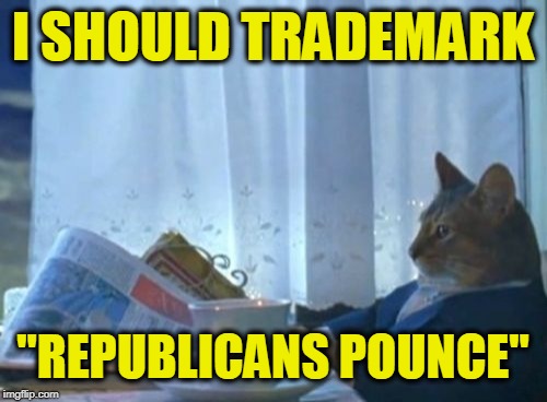 I Should Buy A Boat Cat Meme | I SHOULD TRADEMARK; "REPUBLICANS POUNCE" | image tagged in memes,i should buy a boat cat | made w/ Imgflip meme maker