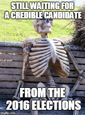 Waiting Skeleton Meme | STILL WAITING FOR A CREDIBLE CANDIDATE FROM THE 2016 ELECTIONS | image tagged in memes,waiting skeleton | made w/ Imgflip meme maker