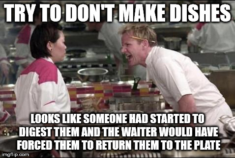 Angry Chef Gordon Ramsay Meme | TRY TO DON'T MAKE DISHES; LOOKS LIKE SOMEONE HAD STARTED TO DIGEST THEM AND THE WAITER WOULD HAVE FORCED THEM TO RETURN THEM TO THE PLATE | image tagged in memes,angry chef gordon ramsay | made w/ Imgflip meme maker