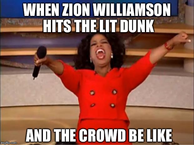 Oprah You Get A | WHEN ZION WILLIAMSON HITS THE LIT DUNK; AND THE CROWD BE LIKE | image tagged in memes,oprah you get a | made w/ Imgflip meme maker