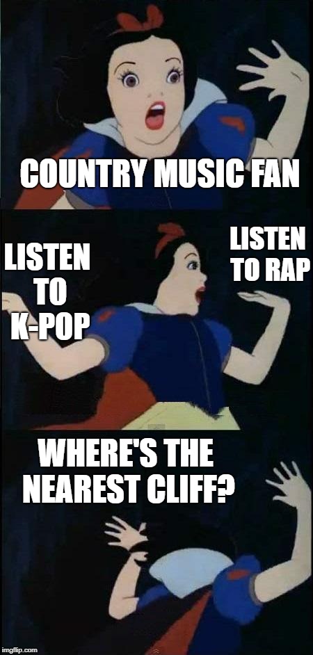 Snow White  | COUNTRY MUSIC FAN LISTEN TO K-POP LISTEN TO RAP WHERE'S THE NEAREST CLIFF? | image tagged in snow white | made w/ Imgflip meme maker