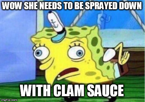 Mocking Spongebob Meme | WOW SHE NEEDS TO BE SPRAYED DOWN WITH CLAM SAUCE | image tagged in memes,mocking spongebob | made w/ Imgflip meme maker