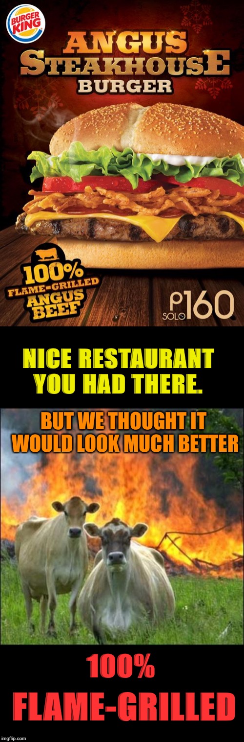 When families involved. The beef gets serious.  |  NICE RESTAURANT YOU HAD THERE. BUT WE THOUGHT IT WOULD LOOK MUCH BETTER; 100%; FLAME-GRILLED | image tagged in memes,burger king,on fire,evil cows,revenge,family values | made w/ Imgflip meme maker