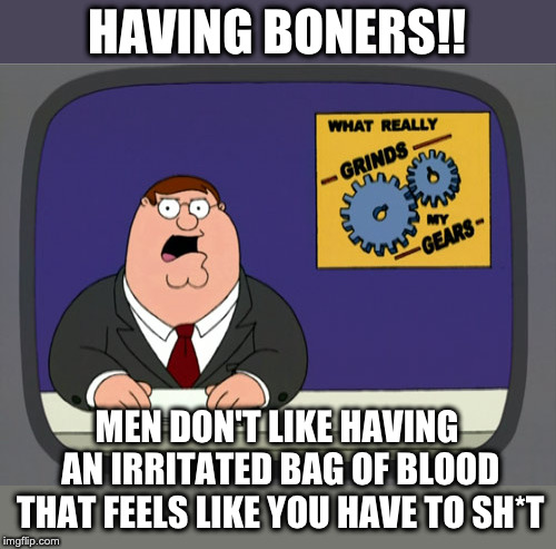 Peter Griffin News Meme | HAVING BONERS!! MEN DON'T LIKE HAVING AN IRRITATED BAG OF BLOOD THAT FEELS LIKE YOU HAVE TO SH*T | image tagged in memes,peter griffin news | made w/ Imgflip meme maker