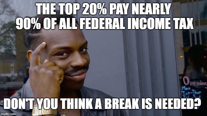 Roll Safe Think About It Meme | THE TOP 20% PAY NEARLY 90% OF ALL FEDERAL INCOME TAX DON'T YOU THINK A BREAK IS NEEDED? | image tagged in memes,roll safe think about it | made w/ Imgflip meme maker