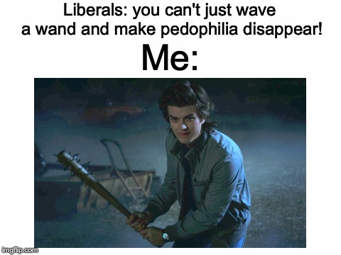 Seriously, you'd want to use that bat on a kiddie diddler too, amirite? | Liberals: you can't just wave a wand and make pedophilia disappear! Me: | image tagged in memes,funny,dank memes,liberals,pedophiles,stranger things | made w/ Imgflip meme maker