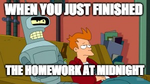Bender and Fry On Couch | WHEN YOU JUST FINISHED; THE HOMEWORK AT MIDNIGHT | image tagged in bender and fry on couch | made w/ Imgflip meme maker