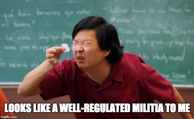 Senior Chang Squinting | LOOKS LIKE A WELL-REGULATED MILITIA TO ME | image tagged in senior chang squinting | made w/ Imgflip meme maker