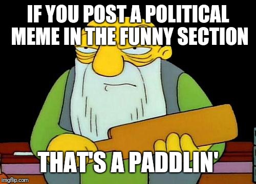 That's a paddlin' | IF YOU POST A POLITICAL MEME IN THE FUNNY SECTION; THAT'S A PADDLIN' | image tagged in memes,that's a paddlin' | made w/ Imgflip meme maker
