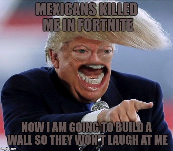 Why Trump built the damn wall | MEXICANS KILLED ME IN FORTNITE; NOW I AM GOING TO BUILD A WALL SO THEY WON'T LAUGH AT ME | image tagged in trump,wall,fortnite | made w/ Imgflip meme maker