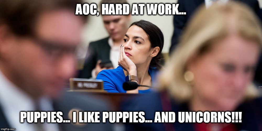 DEEP THOUGHTS OF AOC | AOC, HARD AT WORK... PUPPIES... I LIKE PUPPIES... AND UNICORNS!!! | image tagged in aoc,alexandria ocasio-cortez,daydream,democrat,socialism,puppies | made w/ Imgflip meme maker