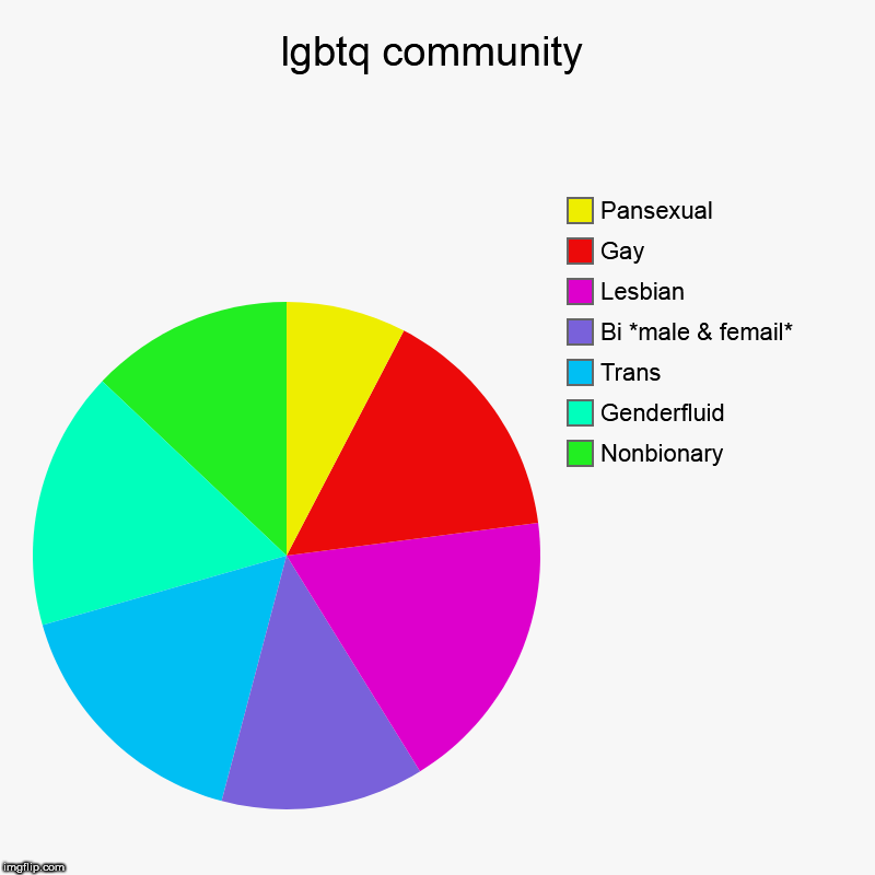 lgbtq community | Nonbionary, Genderfluid, Trans, Bi *male & femail*, Lesbian, Gay, Pansexual | image tagged in charts,pie charts | made w/ Imgflip chart maker