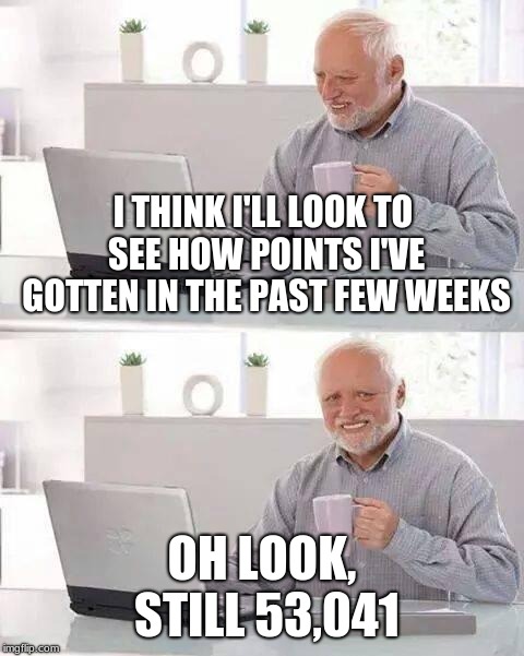Hide the Pain Harold | I THINK I'LL LOOK TO SEE HOW POINTS I'VE GOTTEN IN THE PAST FEW WEEKS; OH LOOK, STILL 53,041 | image tagged in memes,hide the pain harold | made w/ Imgflip meme maker