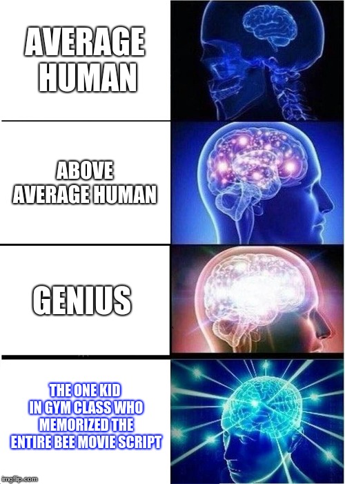 Expanding Brain Meme | AVERAGE HUMAN; ABOVE AVERAGE HUMAN; GENIUS; THE ONE KID IN GYM CLASS WHO MEMORIZED THE ENTIRE BEE MOVIE SCRIPT | image tagged in memes,expanding brain | made w/ Imgflip meme maker