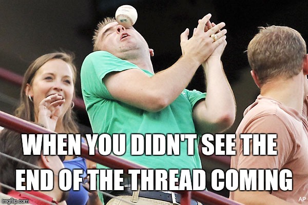 End of the Thread Week | March 7-13 | A BeyondTheComments Event | WHEN YOU DIDN'T SEE THE END OF THE THREAD COMING | image tagged in baseball faceball,endofthread,beyondthecomments,palringo,btc | made w/ Imgflip meme maker