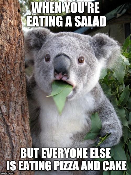 Surprised Koala | WHEN YOU'RE EATING A SALAD; BUT EVERYONE ELSE IS EATING PIZZA AND CAKE | image tagged in memes,surprised koala | made w/ Imgflip meme maker