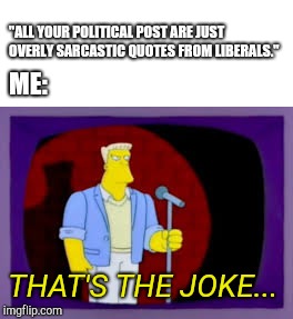 Thats The Joke | "ALL YOUR POLITICAL POST ARE JUST OVERLY SARCASTIC QUOTES FROM LIBERALS."; ME:; THAT'S THE JOKE... | image tagged in thats the joke | made w/ Imgflip meme maker