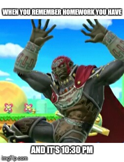 True story | WHEN YOU REMEMBER HOMEWORK YOU HAVE; AND IT'S 10:30 PM | image tagged in homework,ganondorf,ssb | made w/ Imgflip meme maker