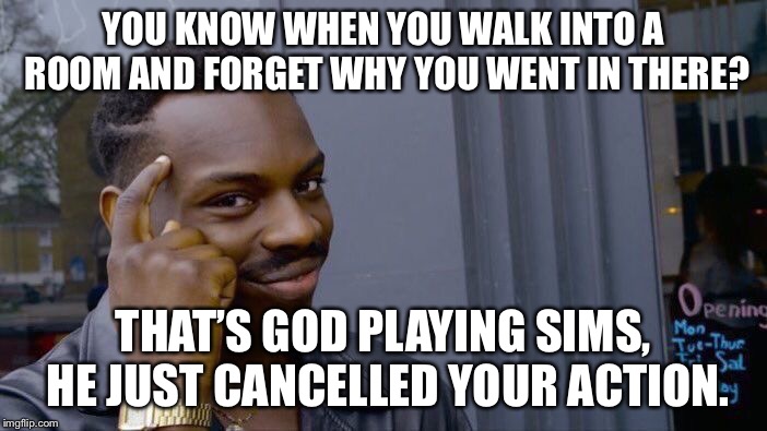 Roll Safe Think About It | YOU KNOW WHEN YOU WALK INTO A ROOM AND FORGET WHY YOU WENT IN THERE? THAT’S GOD PLAYING SIMS, HE JUST CANCELLED YOUR ACTION. | image tagged in memes,roll safe think about it,sims,gaming,god | made w/ Imgflip meme maker
