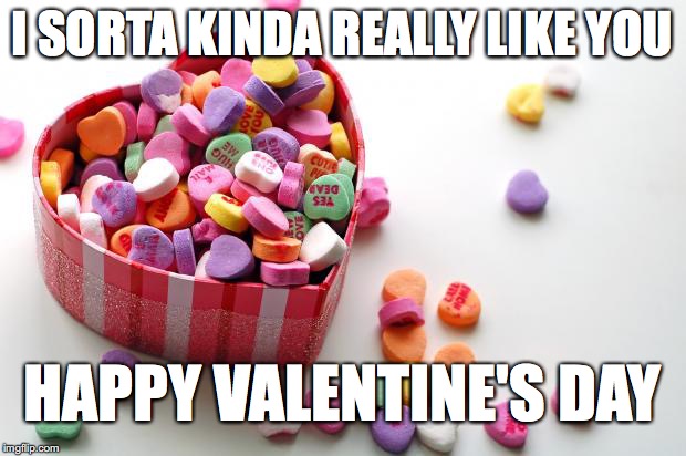 valentine conversation hearts | I SORTA KINDA REALLY LIKE YOU; HAPPY VALENTINE'S DAY | image tagged in valentine conversation hearts | made w/ Imgflip meme maker