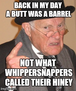 Back In My Day Meme | BACK IN MY DAY A BUTT WAS A BARREL NOT WHAT WHIPPERSNAPPERS CALLED THEIR HINEY | image tagged in memes,back in my day | made w/ Imgflip meme maker
