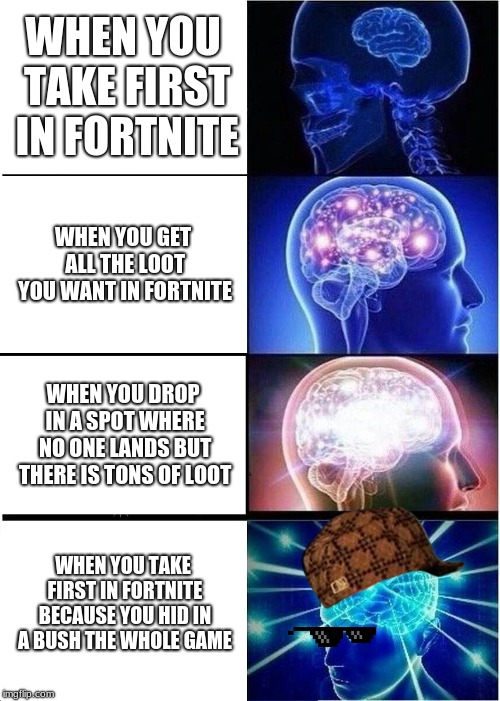 Expanding Brain | WHEN YOU TAKE FIRST IN FORTNITE; WHEN YOU GET ALL THE LOOT YOU WANT IN FORTNITE; WHEN YOU DROP IN A SPOT WHERE NO ONE LANDS BUT THERE IS TONS OF LOOT; WHEN YOU TAKE FIRST IN FORTNITE BECAUSE YOU HID IN A BUSH THE WHOLE GAME | image tagged in memes,expanding brain | made w/ Imgflip meme maker