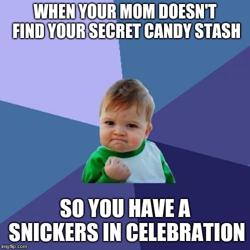 Success Kid Meme | WHEN YOUR MOM DOESN'T FIND YOUR SECRET CANDY STASH; SO YOU HAVE A SNICKERS IN CELEBRATION | image tagged in memes,success kid | made w/ Imgflip meme maker