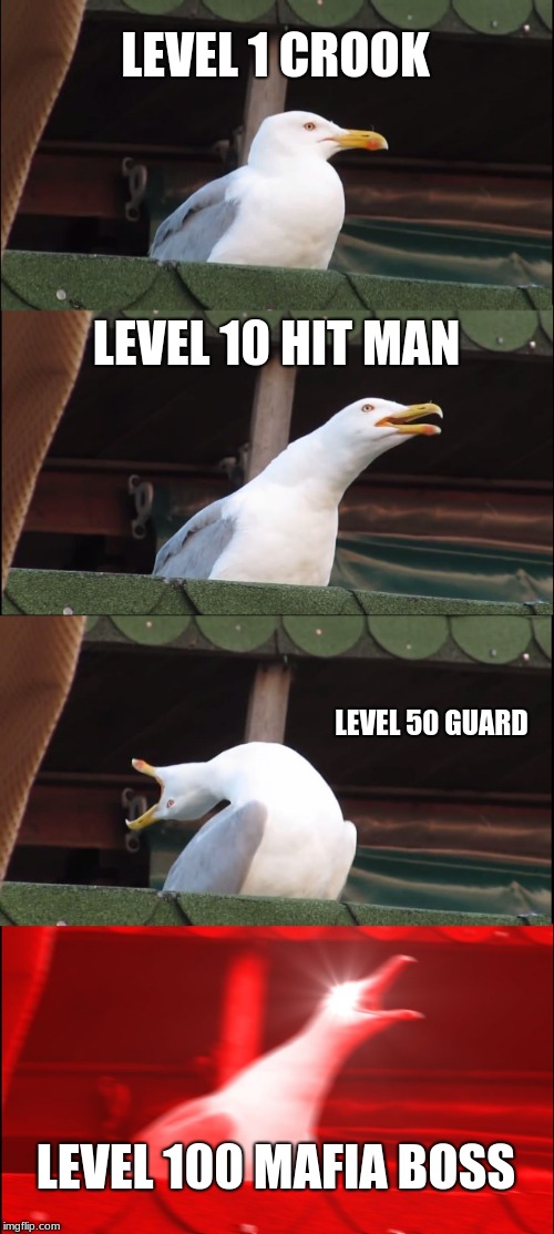 Inhaling Seagull | LEVEL 1 CROOK; LEVEL 10 HIT MAN; LEVEL 50 GUARD; LEVEL 100 MAFIA BOSS | image tagged in memes,inhaling seagull | made w/ Imgflip meme maker