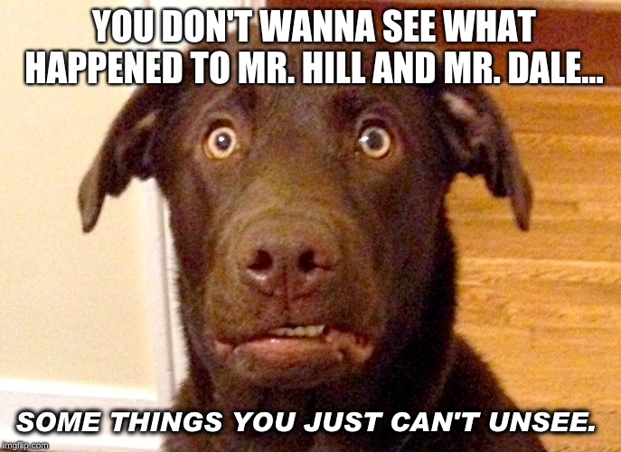 Can't Unsee Dog | YOU DON'T WANNA SEE WHAT HAPPENED TO MR. HILL AND MR. DALE... SOME THINGS YOU JUST CAN'T UNSEE. | image tagged in can't unsee dog | made w/ Imgflip meme maker