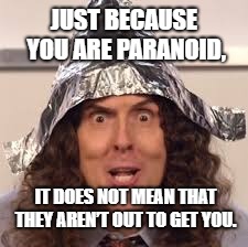 tin hats | JUST BECAUSE YOU ARE PARANOID, IT DOES NOT MEAN THAT THEY AREN’T OUT TO GET YOU. | image tagged in tin hats | made w/ Imgflip meme maker