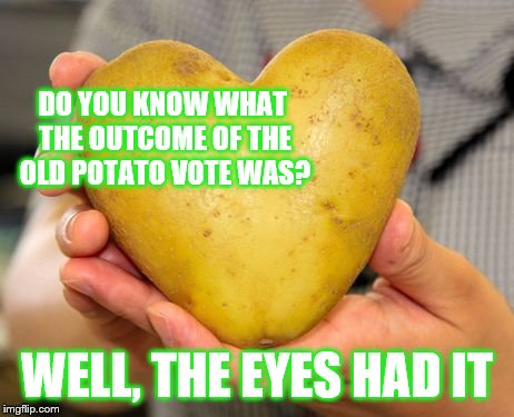 Heart Shaped Potato | DO YOU KNOW WHAT THE OUTCOME OF THE OLD POTATO VOTE WAS? WELL, THE EYES HAD IT | image tagged in heart shaped potato | made w/ Imgflip meme maker