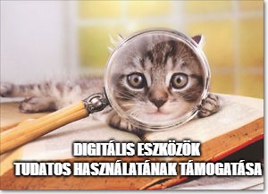 cat magnifying glass | DIGITÁLIS ESZKÖZÖK TUDATOS HASZNÁLATÁNAK TÁMOGATÁSA | image tagged in cat magnifying glass | made w/ Imgflip meme maker