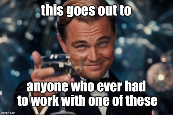 Leonardo Dicaprio Cheers Meme | this goes out to anyone who ever had to work with one of these | image tagged in memes,leonardo dicaprio cheers | made w/ Imgflip meme maker