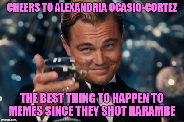 Thank You, Democrats! ≧◉◡◉≦ | CHEERS TO ALEXANDRIA OCASIO-CORTEZ; THE BEST THING TO HAPPEN TO MEMES SINCE THEY SHOT HARAMBE | image tagged in memes,leonardo dicaprio cheers,dank,alexandria ocasio-cortez,harambe | made w/ Imgflip meme maker